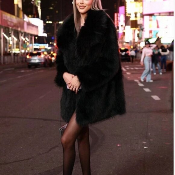 Lapel Neck Slant Pockets Faux fur Coat Black - Picture 2 of 8